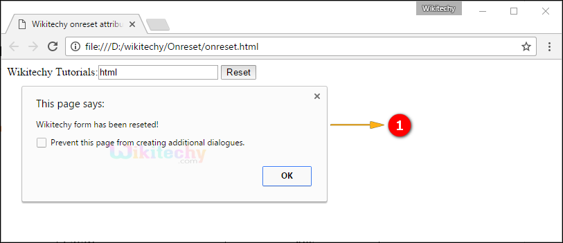 onreset Attribute Tag Output