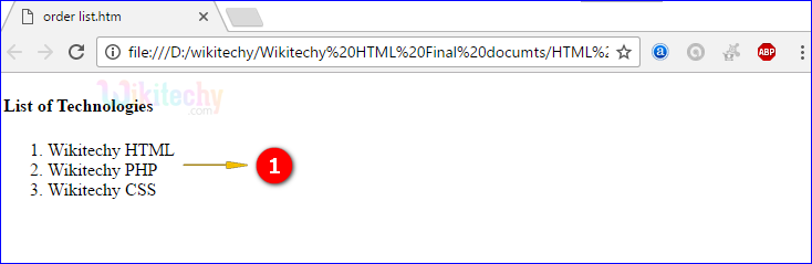 output for order list ol tag