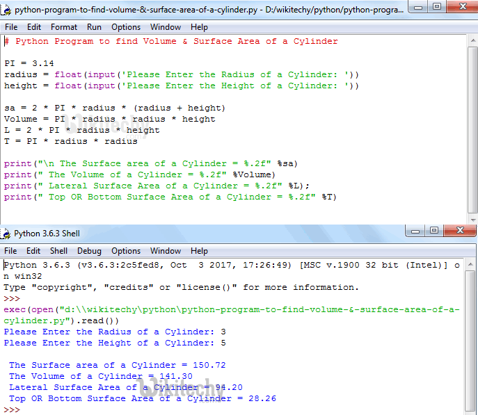  Python Program to find Volume & Surface Area of a Cylinder